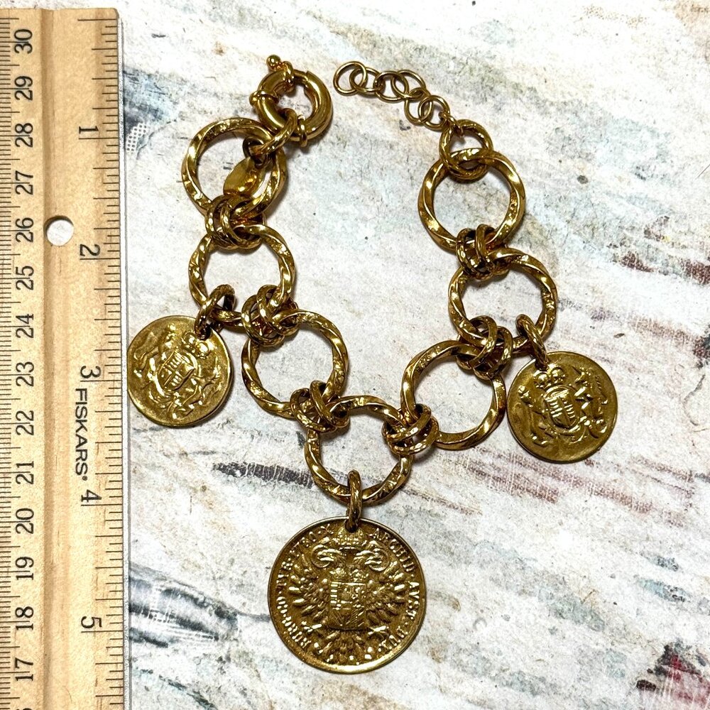 Huge Bellezza Gold Over Solid Bronze Coin Charm Bracelet Eagle Unicorn Lion